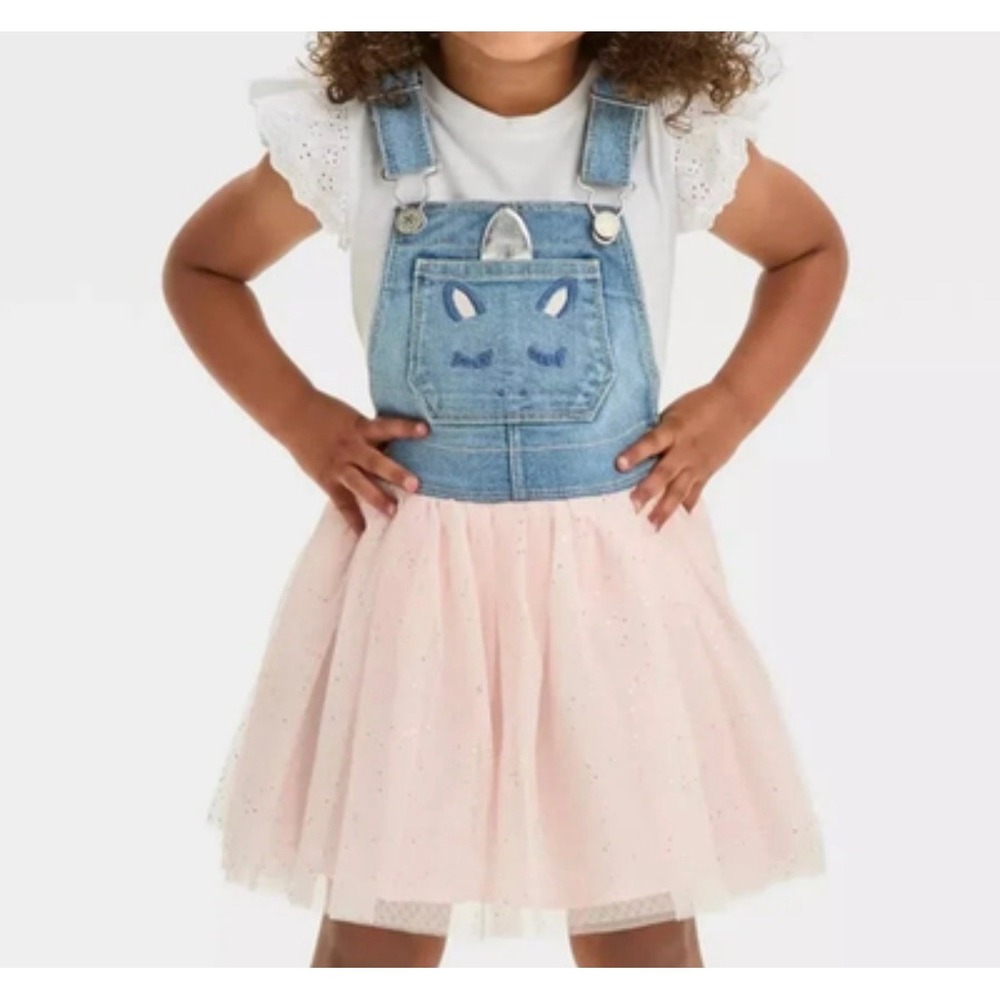 OshKosh Bgosh Girls Denim Unicorn Jumper Dress Pink Glitter Tulle Skirt 4T